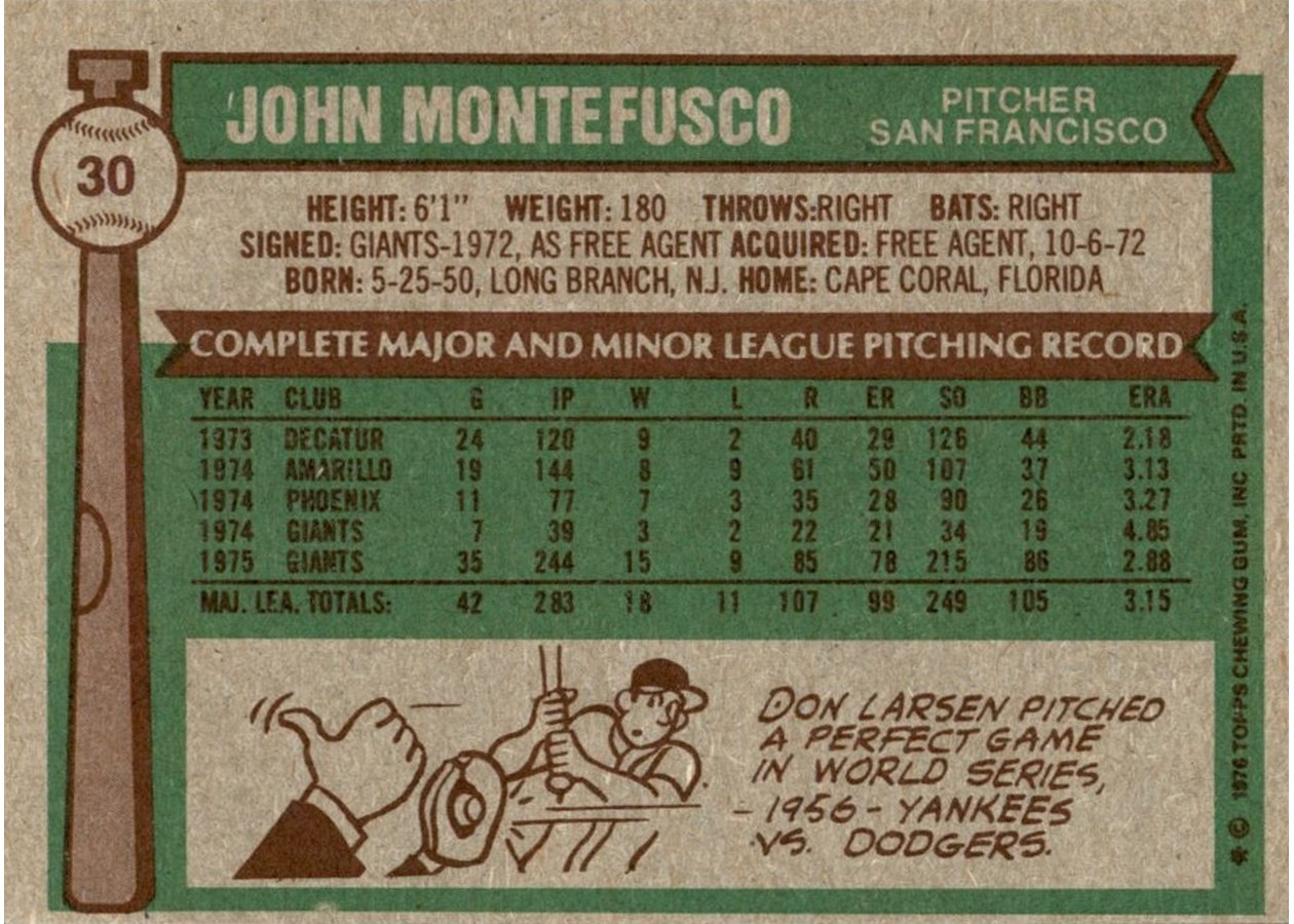 1976 Topps #30 John Montefusco card back
