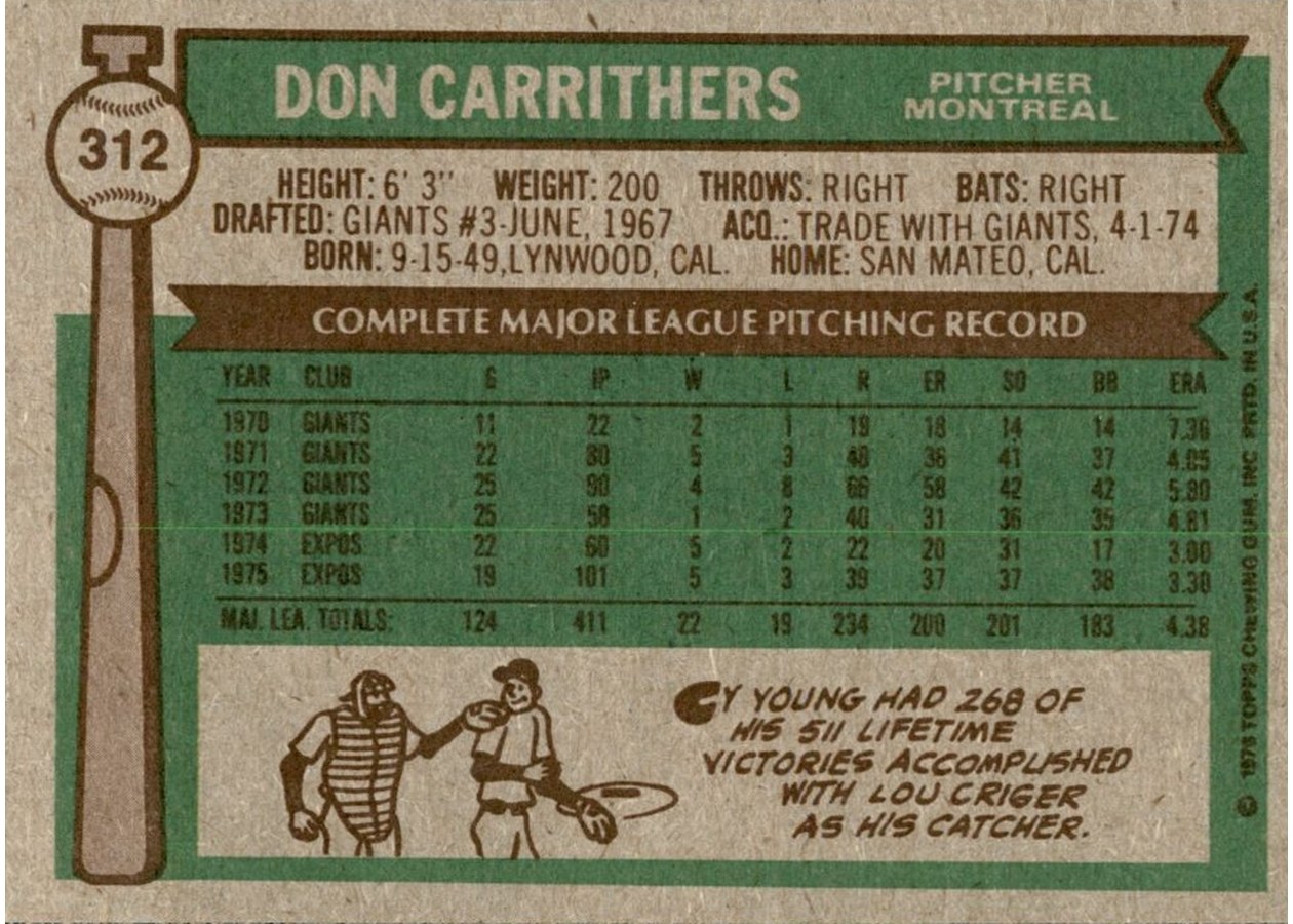 1976 Topps #312 Don Carrithers card back