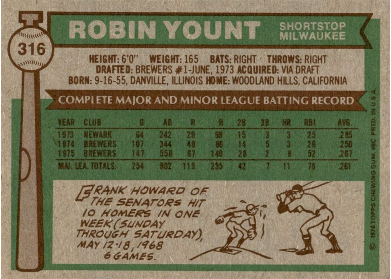 1976 Topps #316 Robin Yount card back