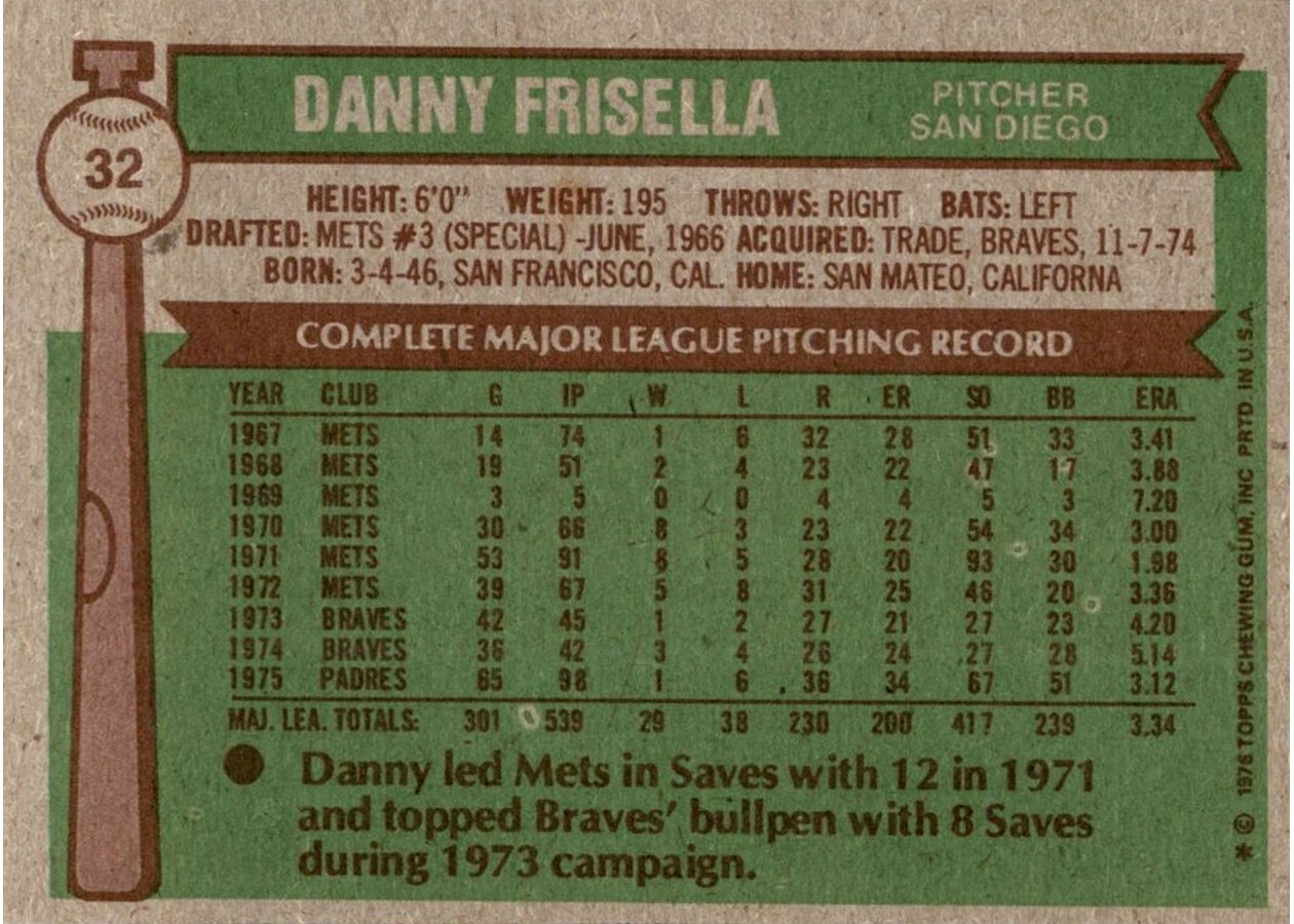 1976 Topps #32 Danny Frisella card back