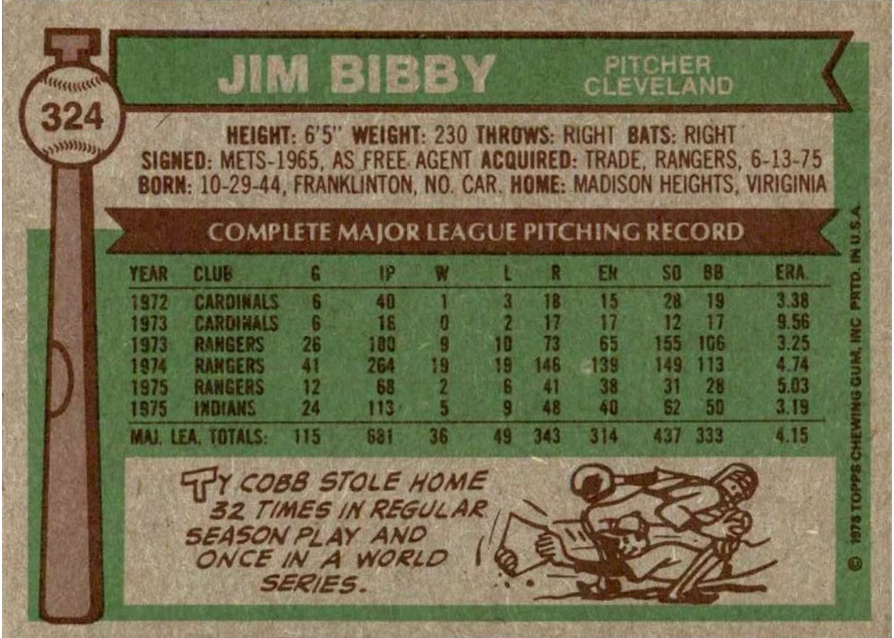1976 Topps #324 Jim Bibby card back