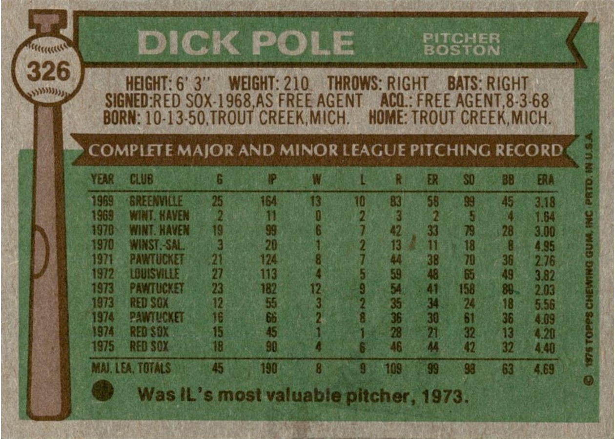 1976 Topps #326 Dick Pole card back