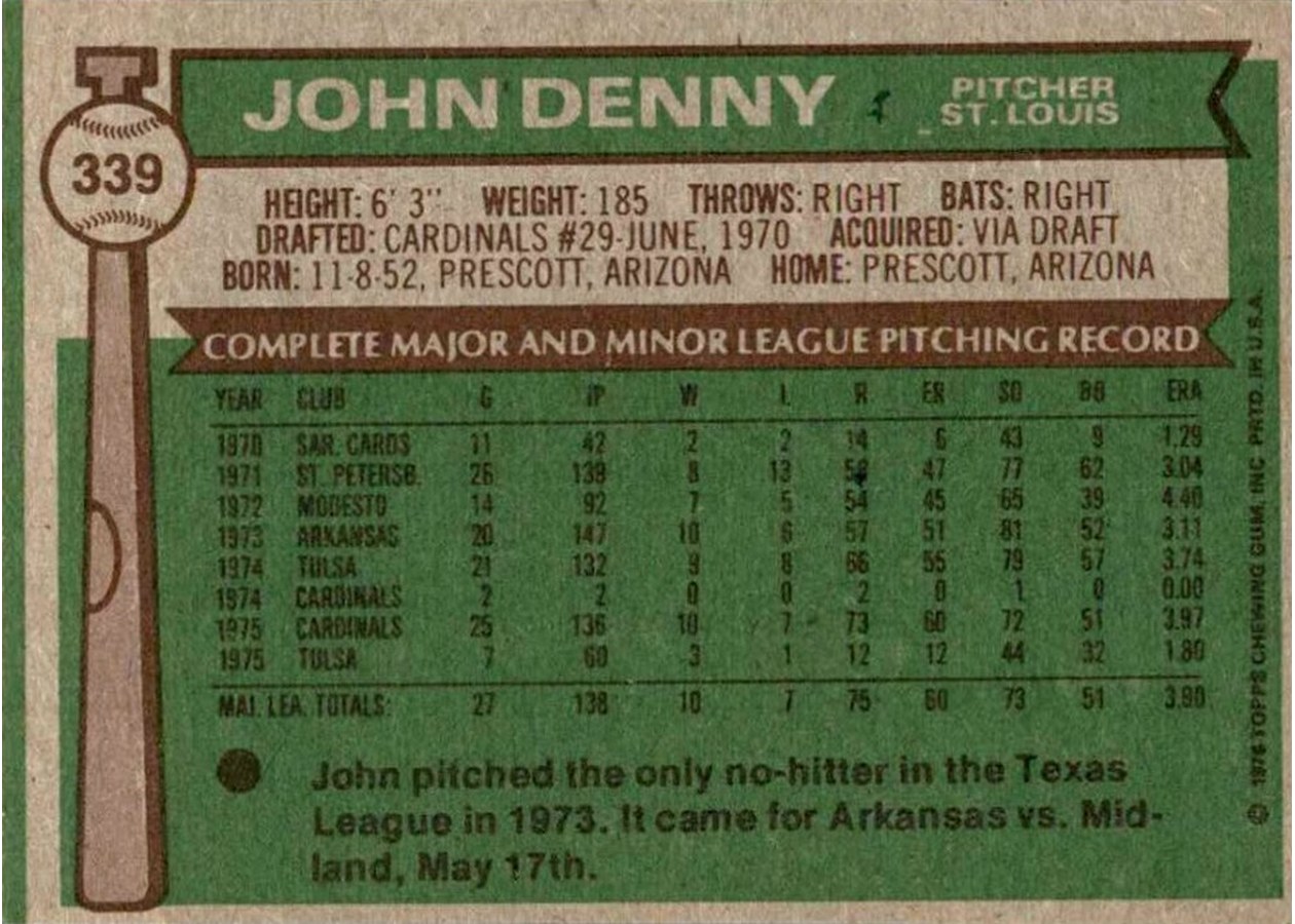 1976 Topps #339 John Denny card back