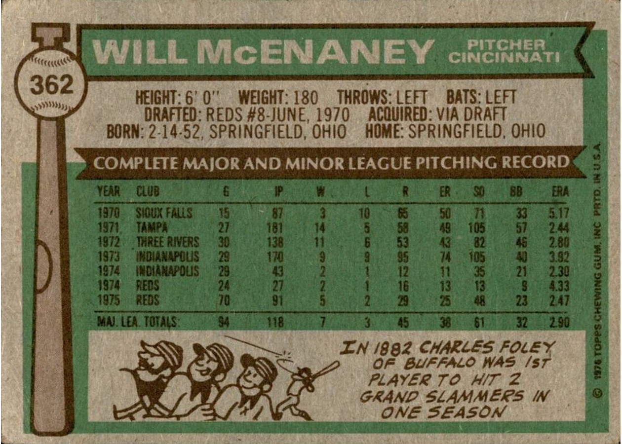 1976 Topps #362 Will McEnaney card back