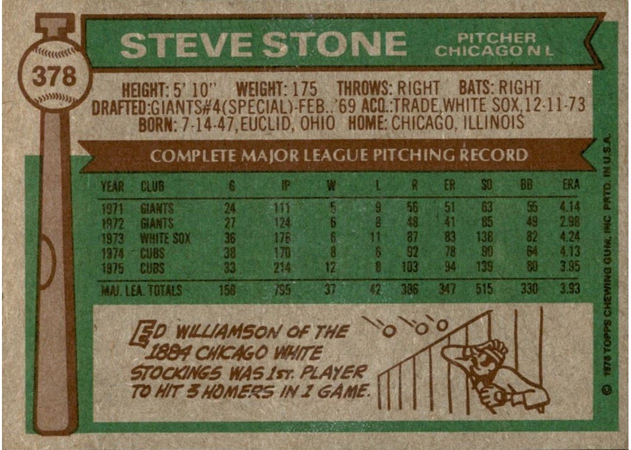 1976 Topps #378 Steve Stone card back