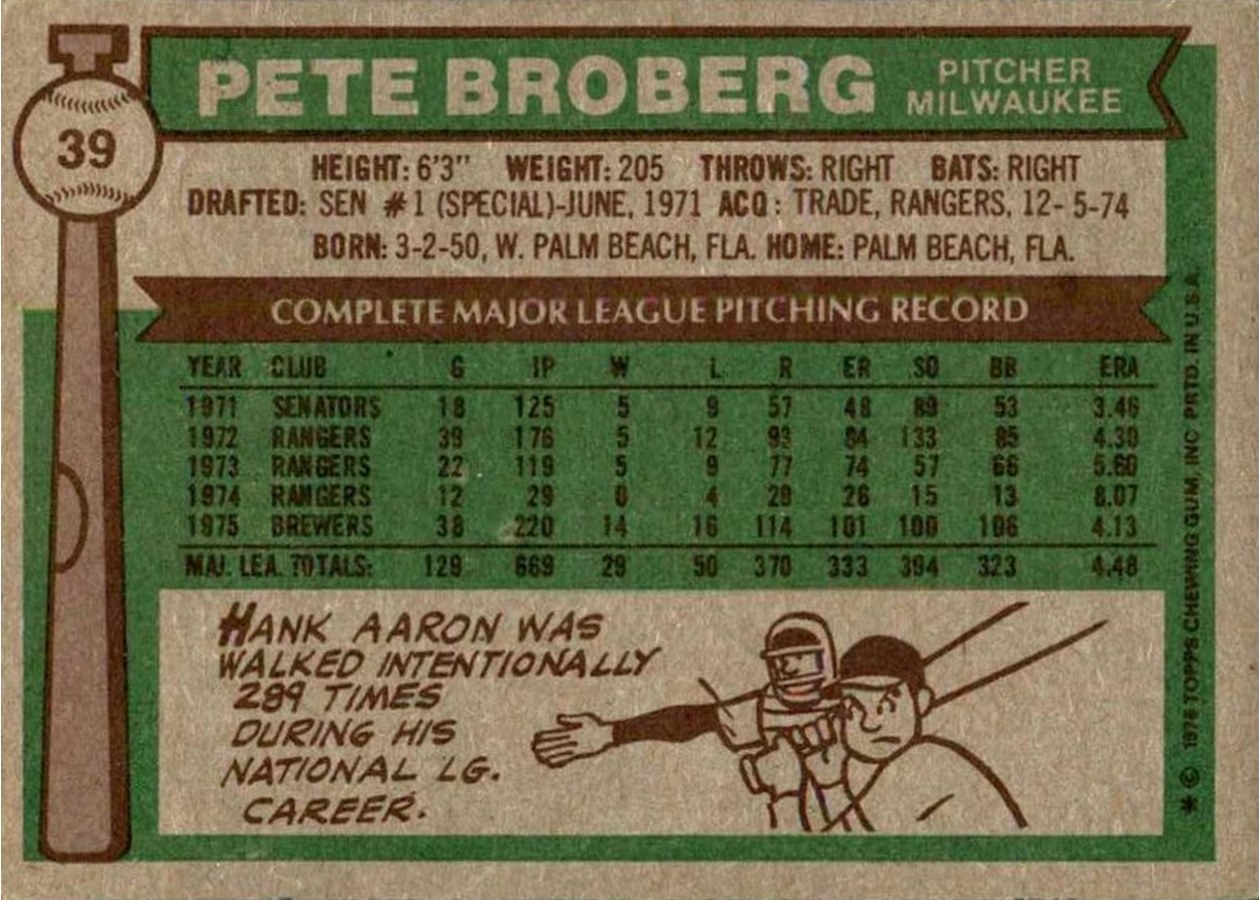 1976 Topps #39 Pete Broberg card back