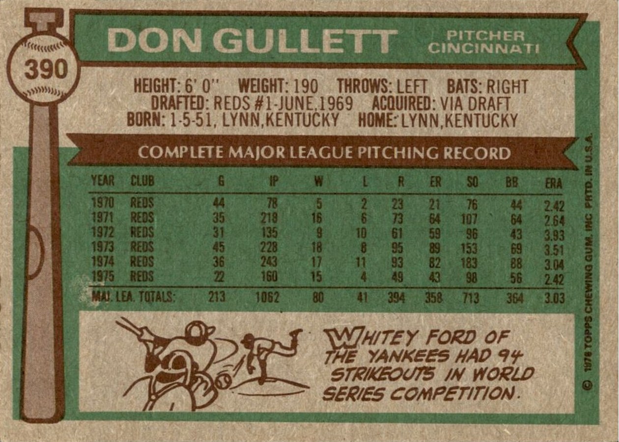 1976 Topps #390 Don Gullett card back