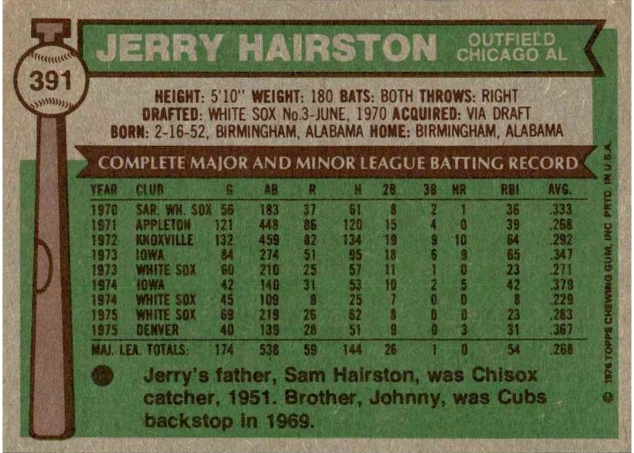 1976 Topps #391 Jerry Hairston card back