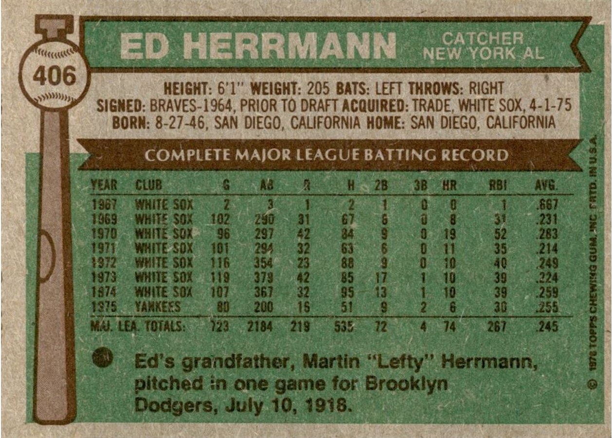 1976 Topps #406 Ed Herrmann card back