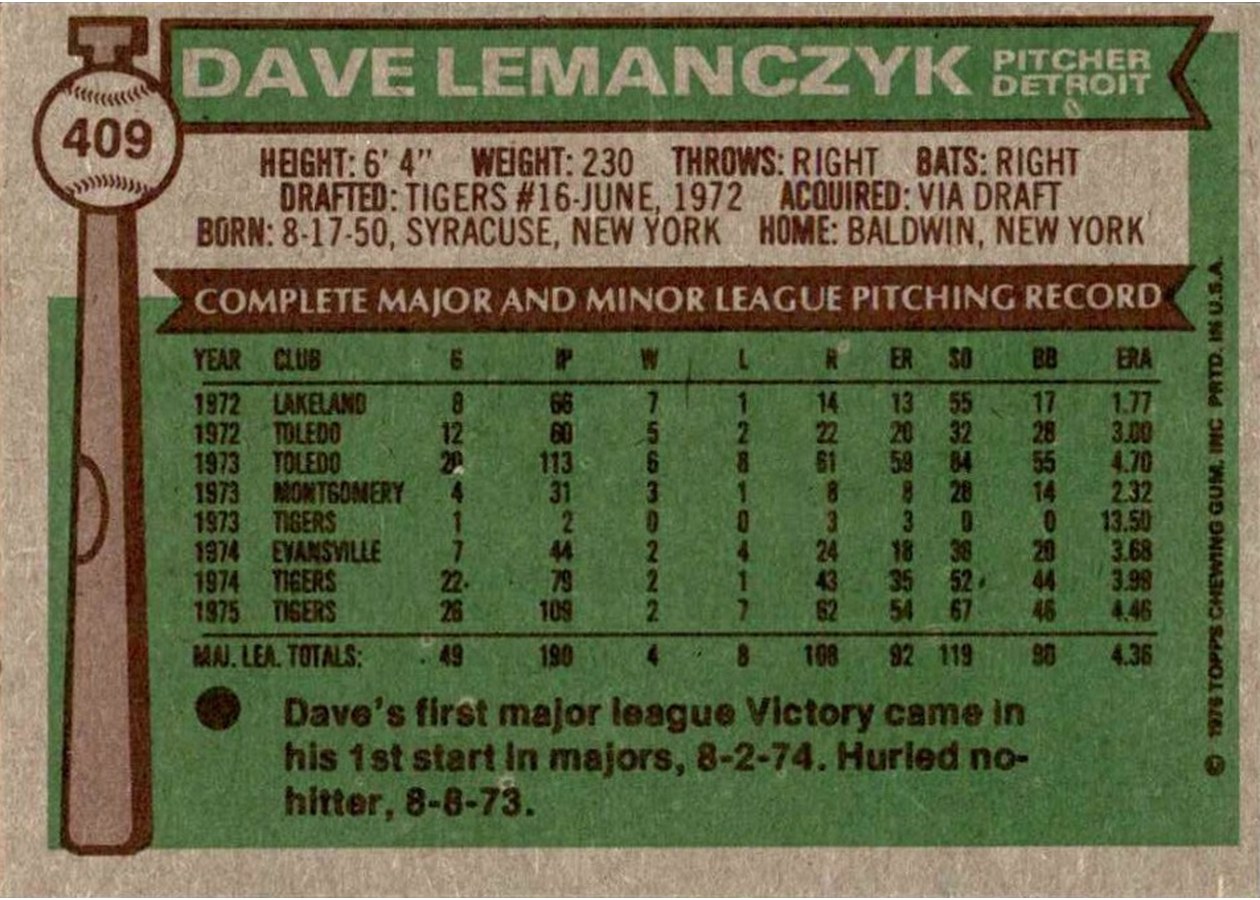 1976 Topps #409 Dave Lemanczyk card back