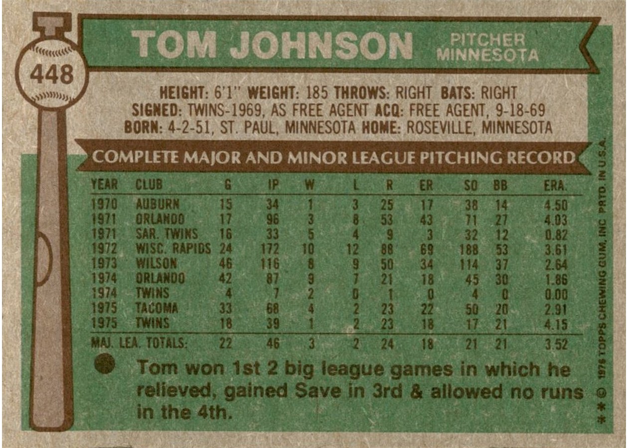 1976 Topps #448 Tom Johnson card back