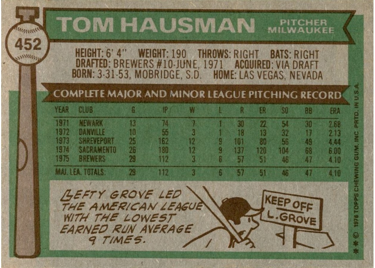 1976 Topps #452 Tom Hausman card back