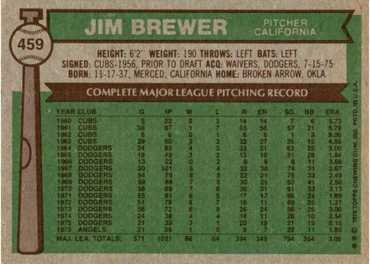 1976 Topps #459 Jim Brewer card back
