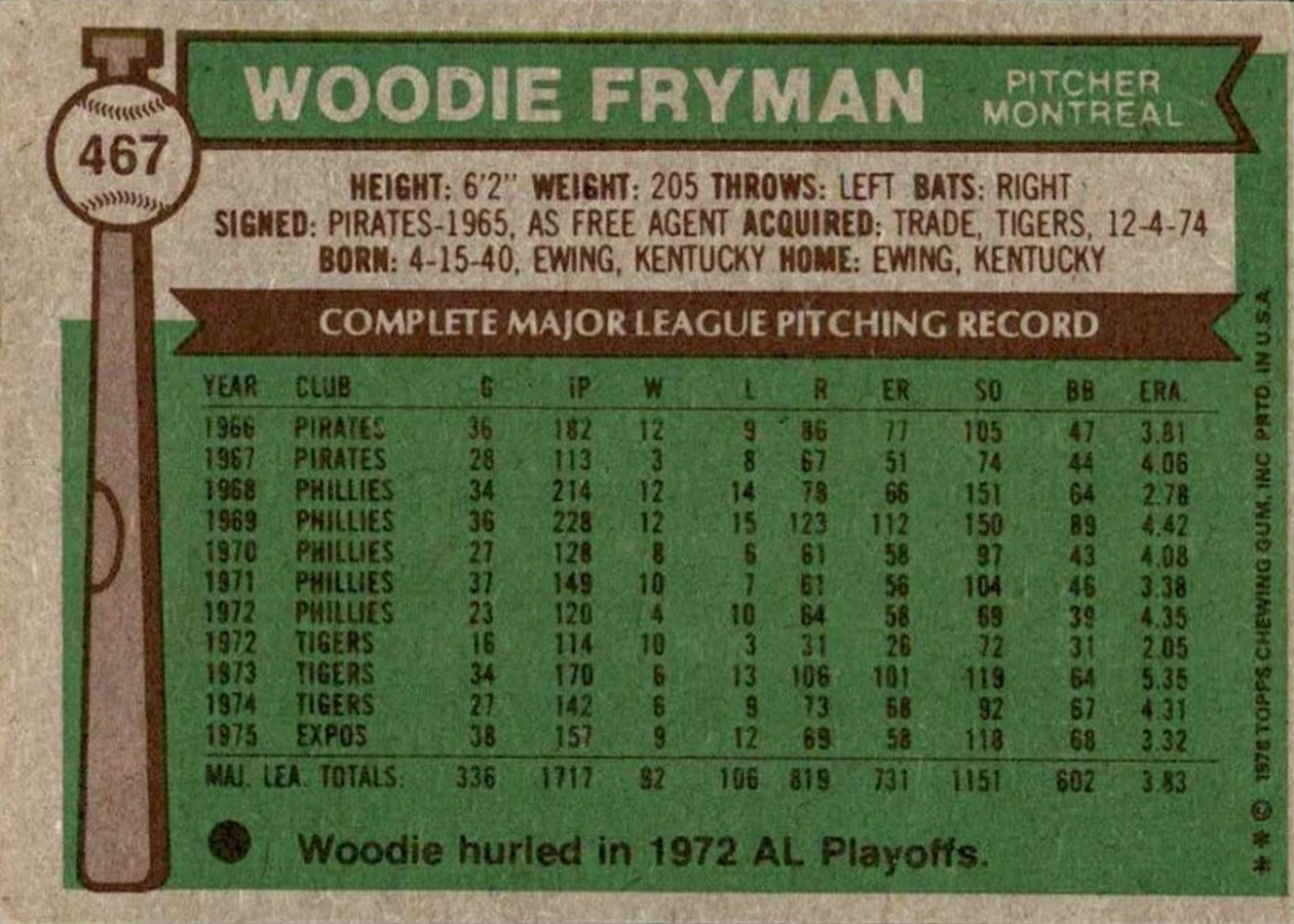 1976 Topps #467 Woodie Fryman card back
