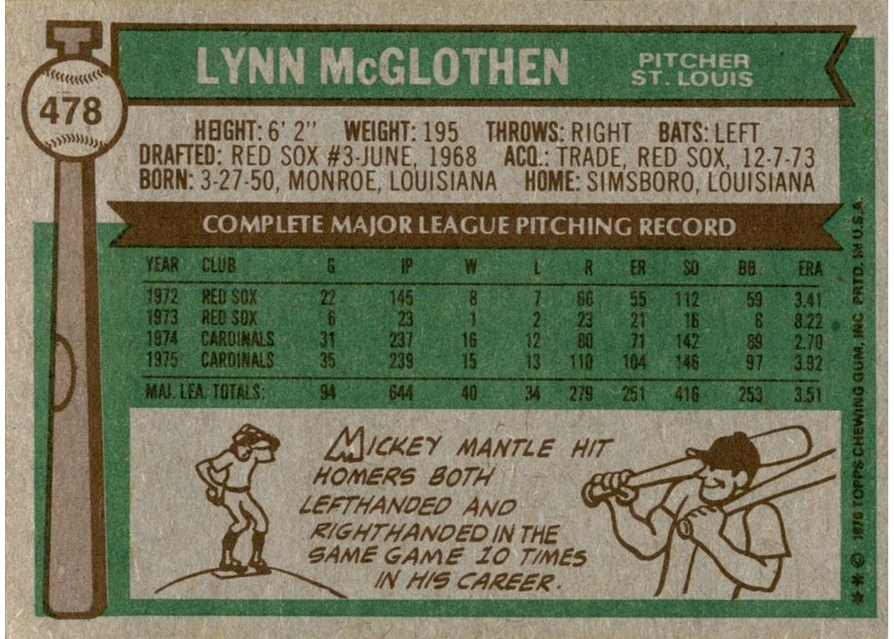 1976 Topps #478 Lynn McGlothen card back