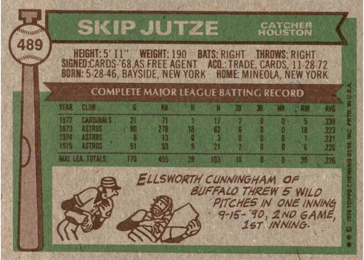 1976 Topps #489 Skip Jutze card back