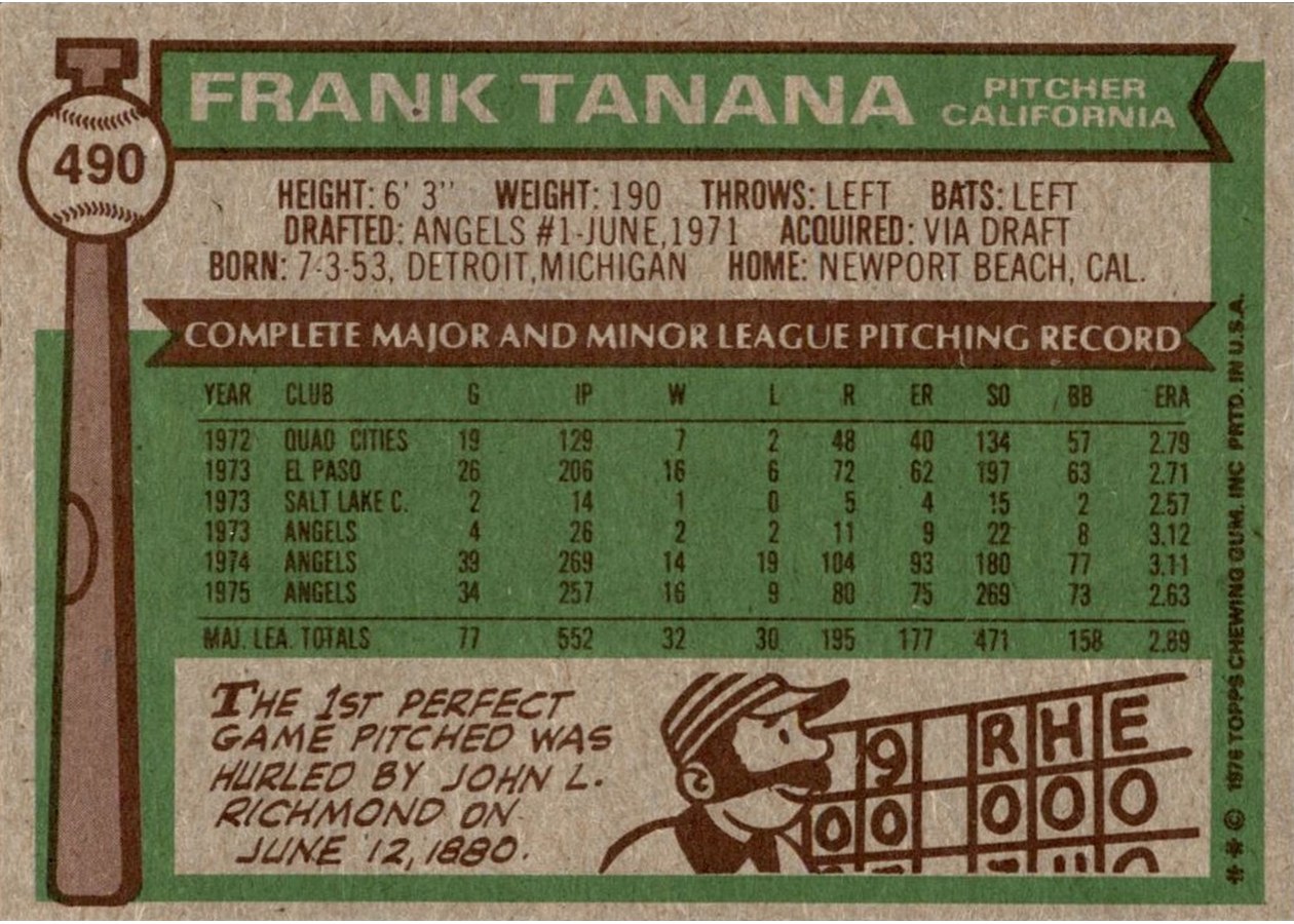 1976 Topps #490 Frank Tanana card back