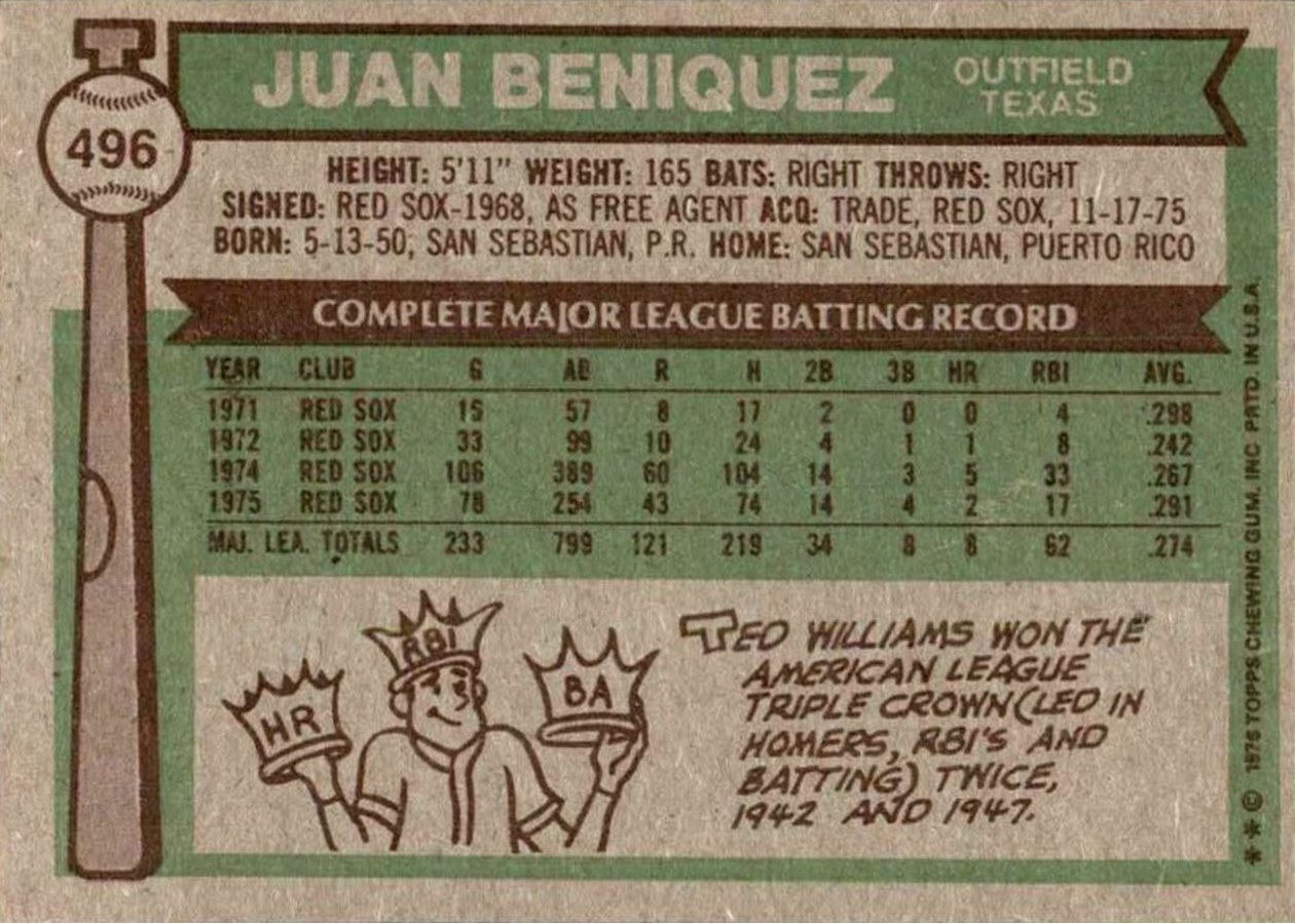 1976 Topps #496 Juan Beniquez card back