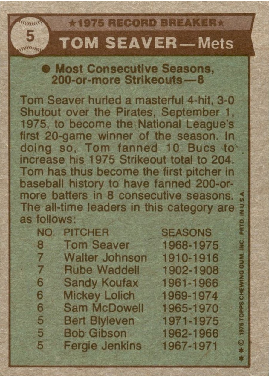 1976 Topps #5 Tom Seaver card back