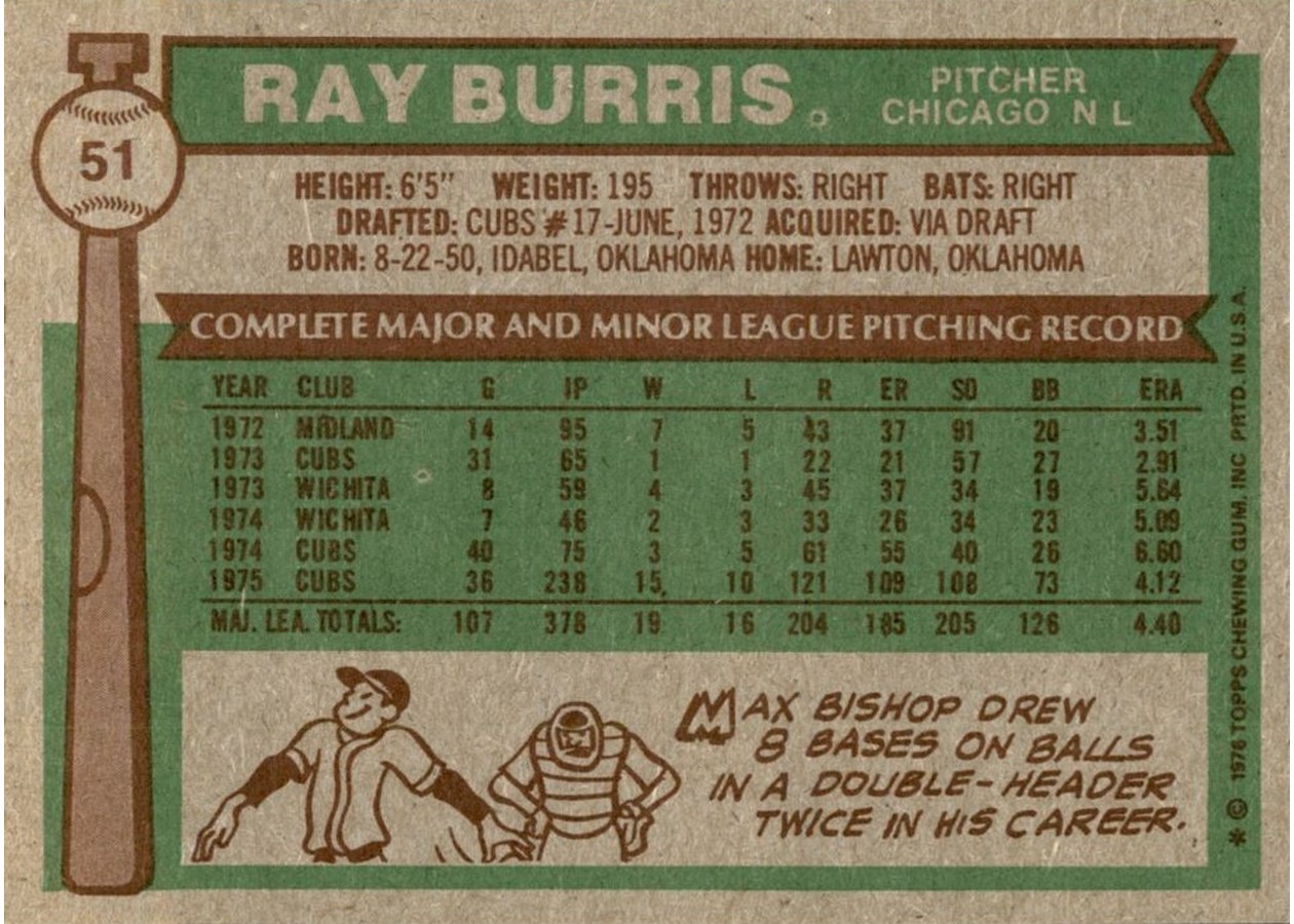 1976 Topps #51 Ray Burris card back
