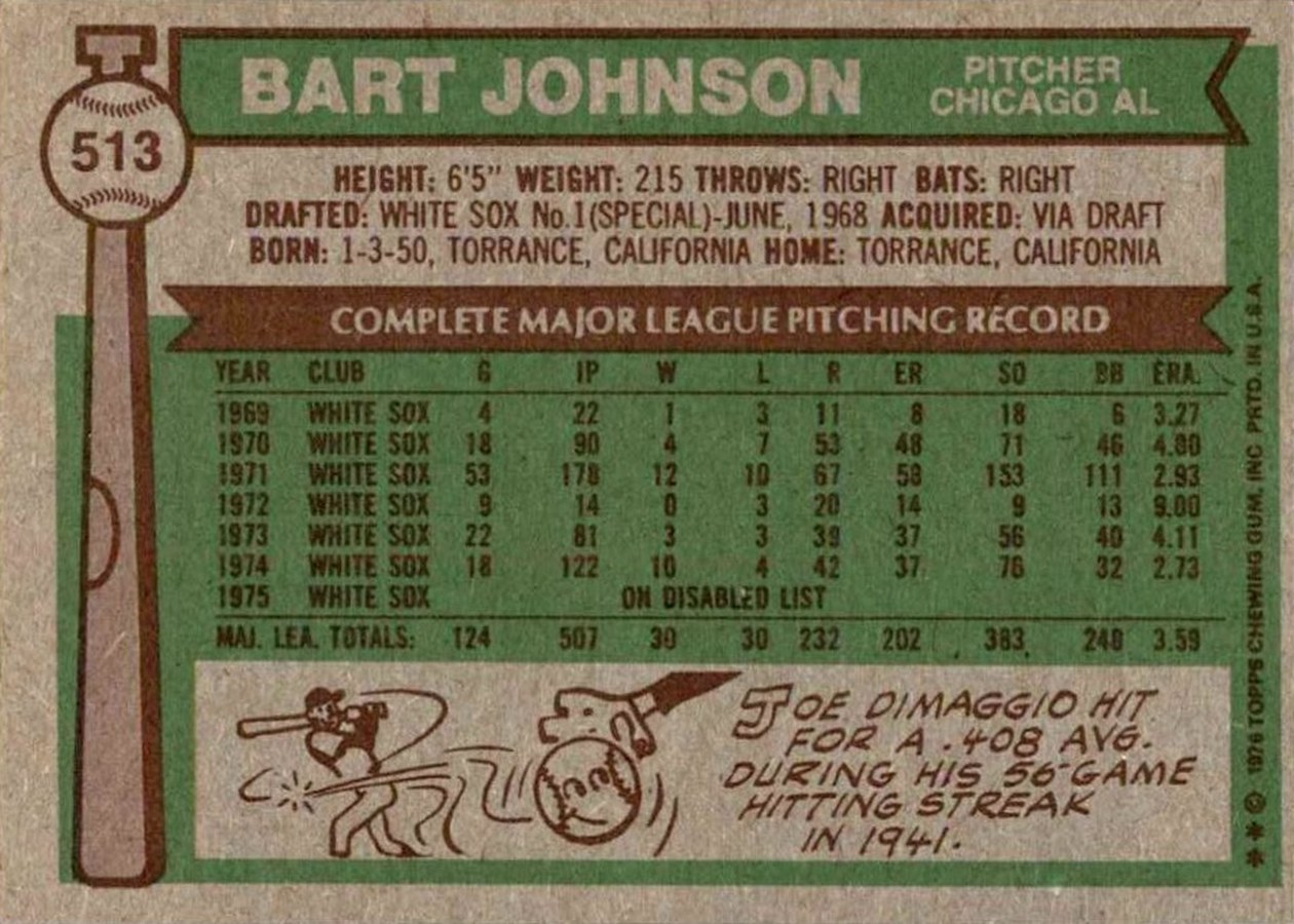 1976 Topps #513 Bart Johnson card back