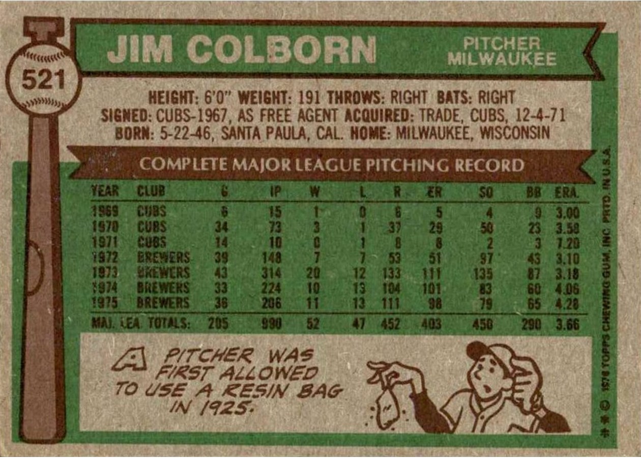 1976 Topps #521 Jim Colborn card back