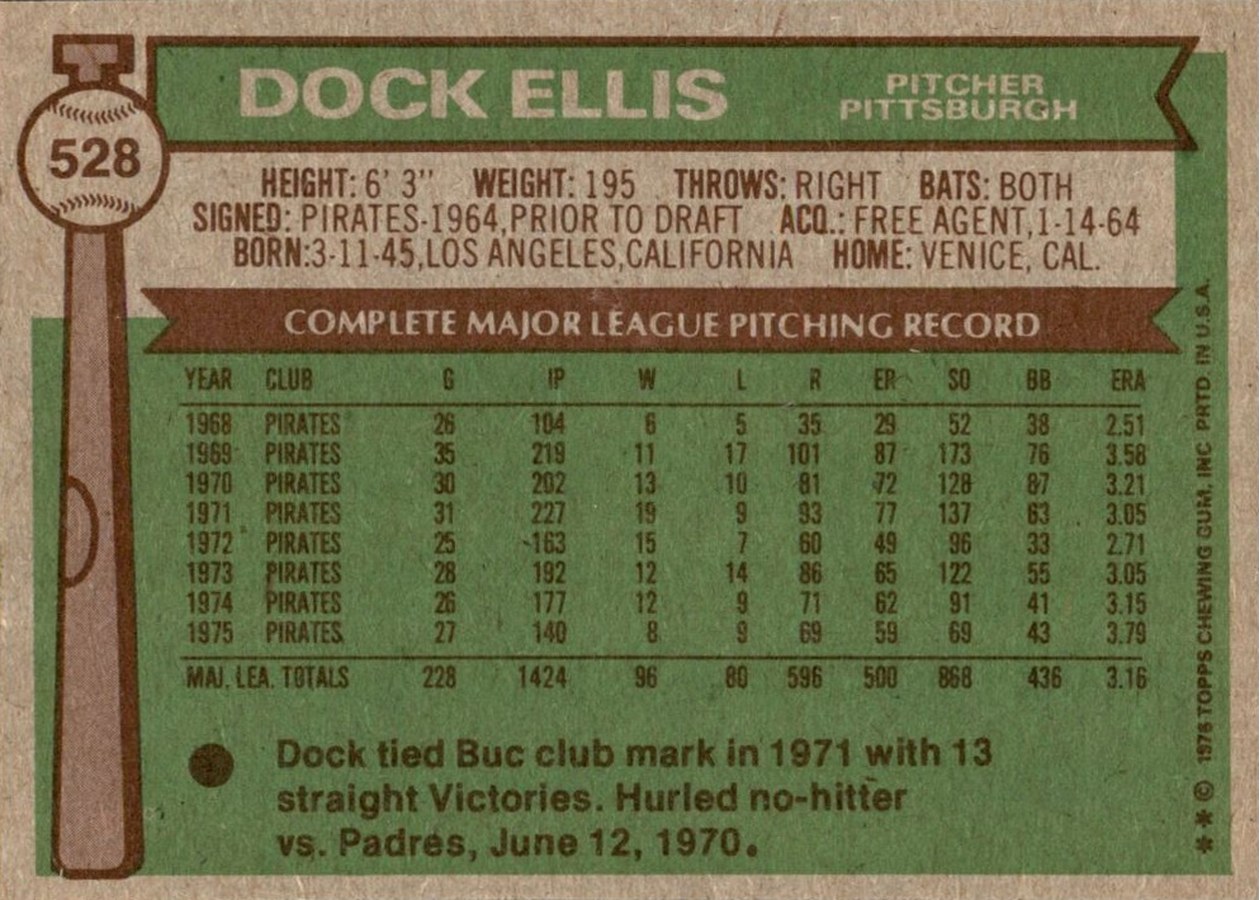 1976 Topps #528 Dock Ellis card back