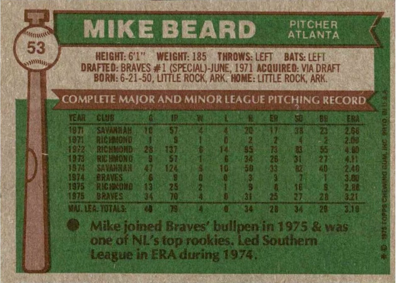 1976 Topps #53 Mike Beard card back