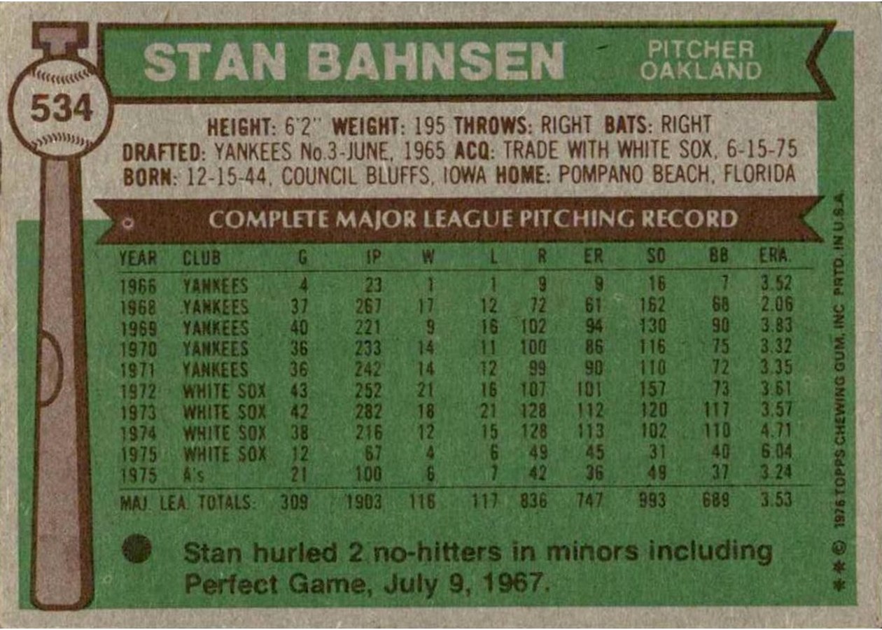 1976 Topps #534 Stan Bahnsen card back