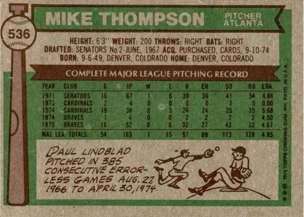 1976 Topps #536 Mike Thompson card back