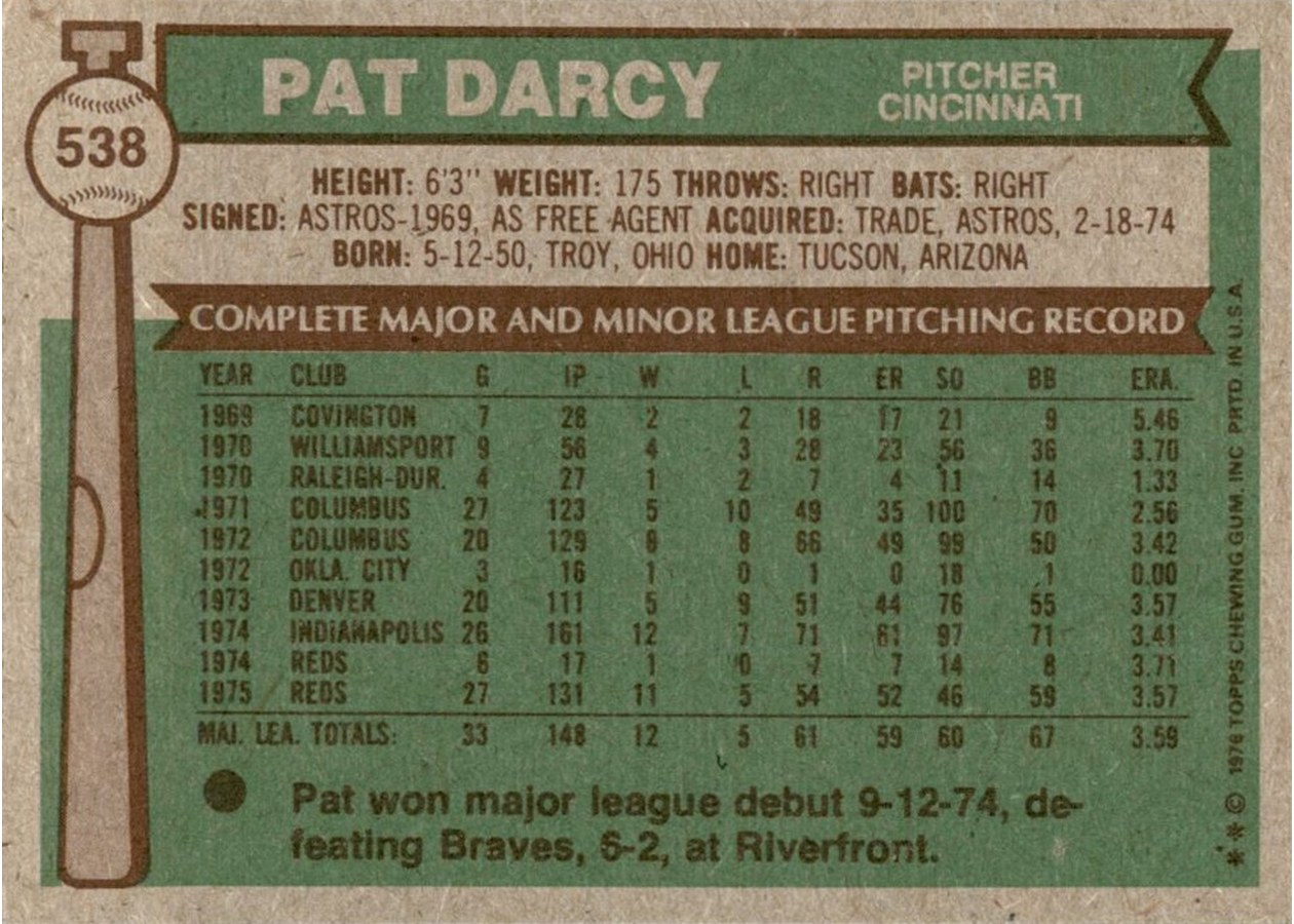 1976 Topps #538 Pat Darcy card back