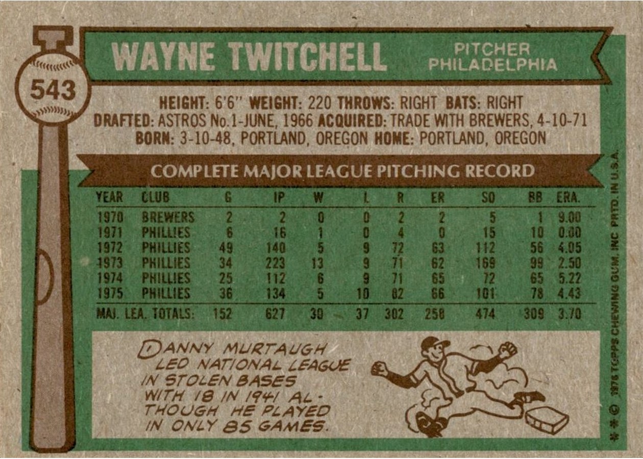 1976 Topps #543 Wayne Twitchell card back