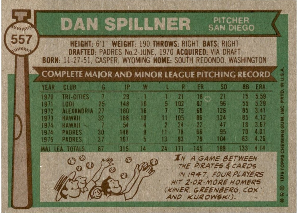1976 Topps #557 Dan Spillner card back