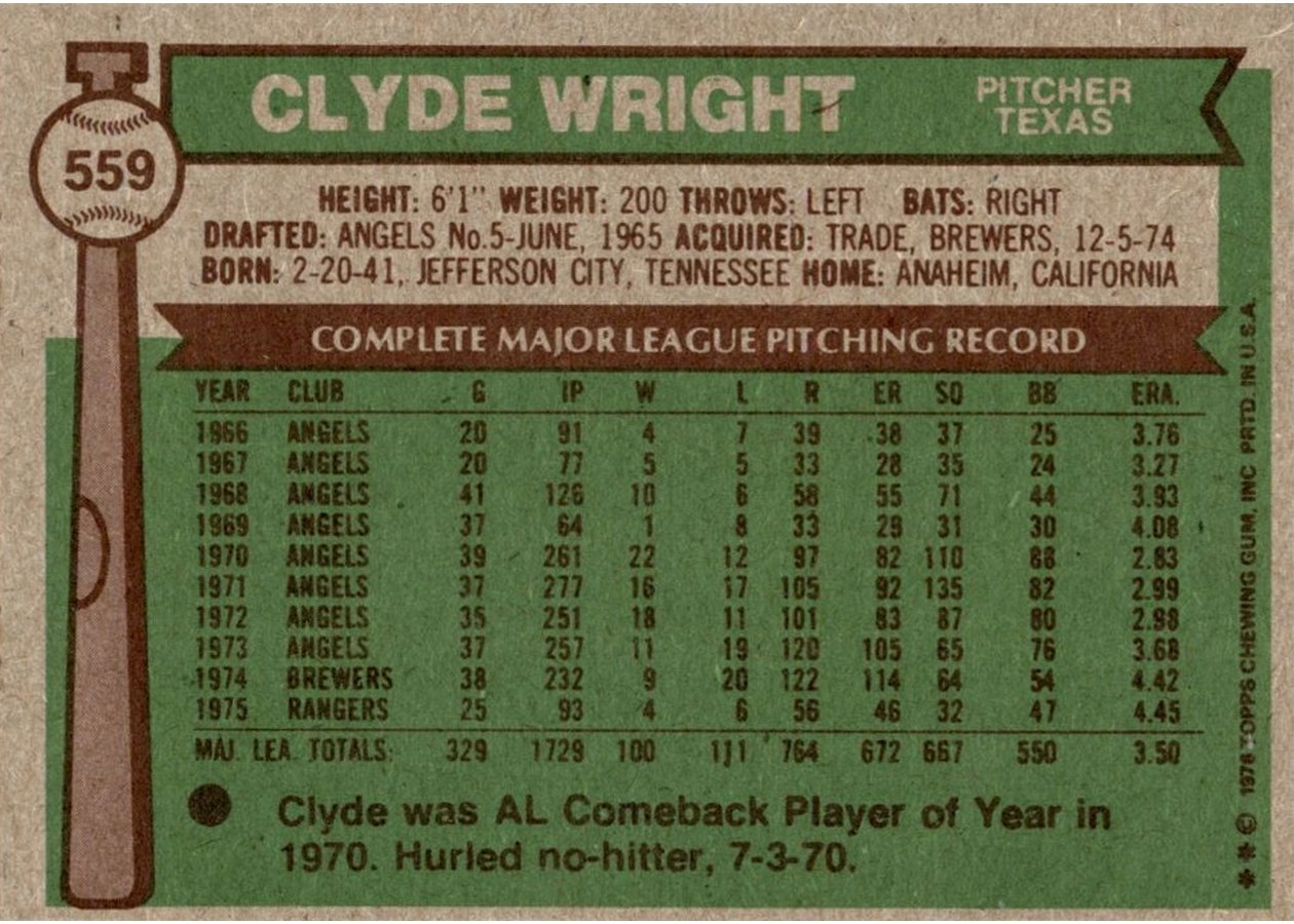 1976 Topps #559 Clyde Wright card back