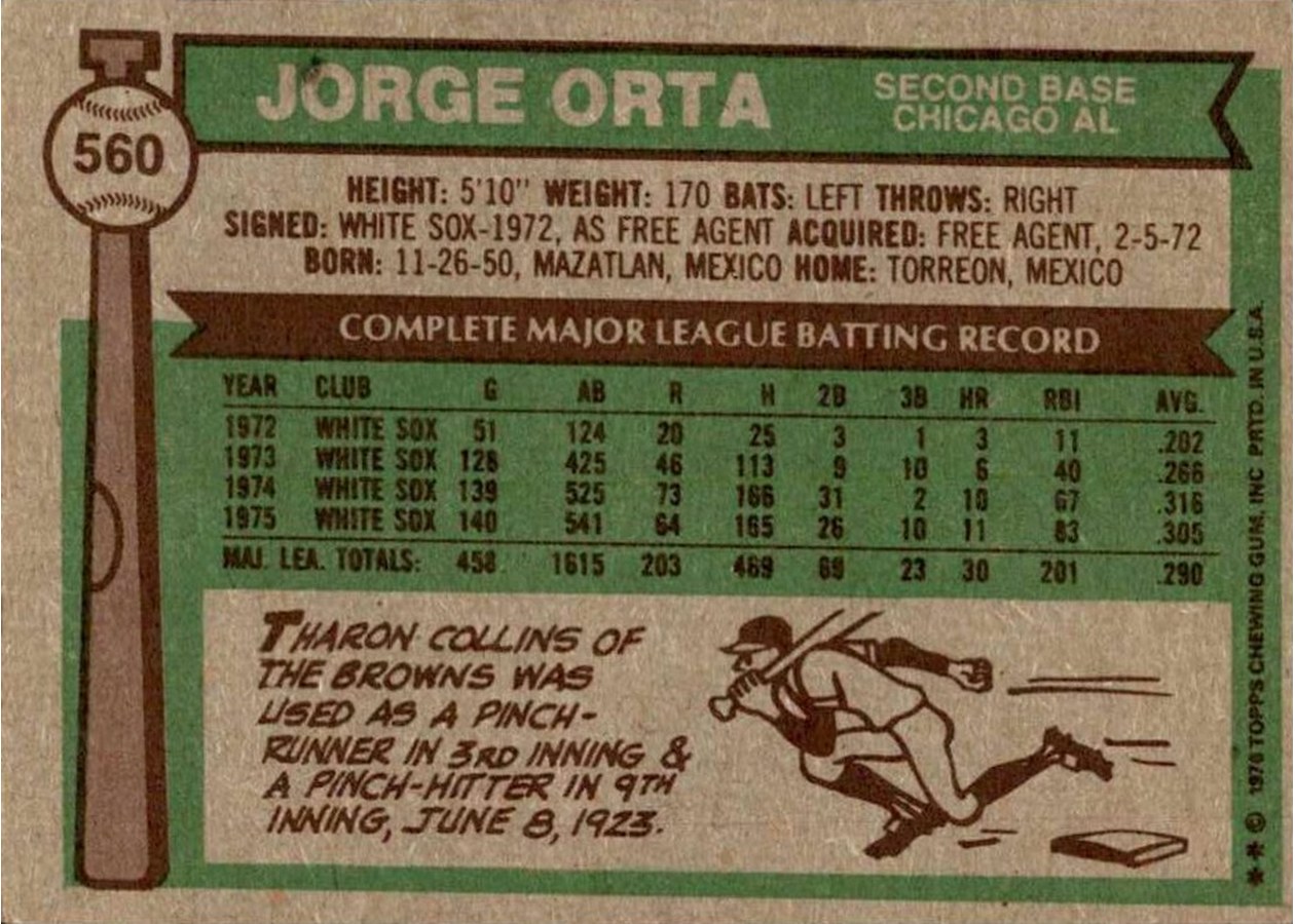 1976 Topps #560 Jorge Orta card back