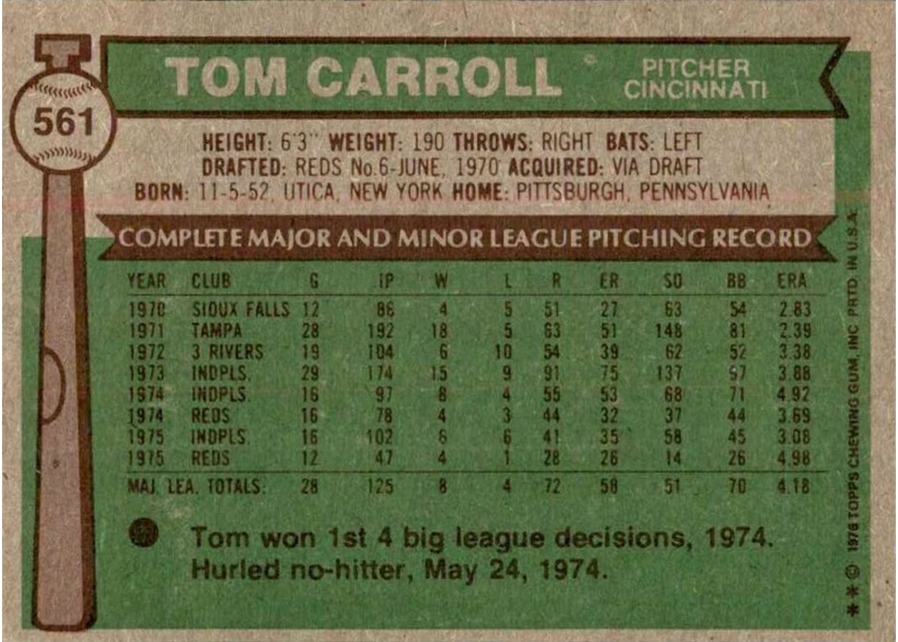 1976 Topps #561 Tom Carroll card back