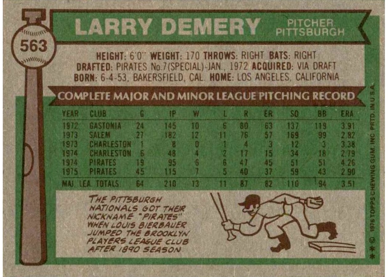 1976 Topps #563 Larry Demery card back
