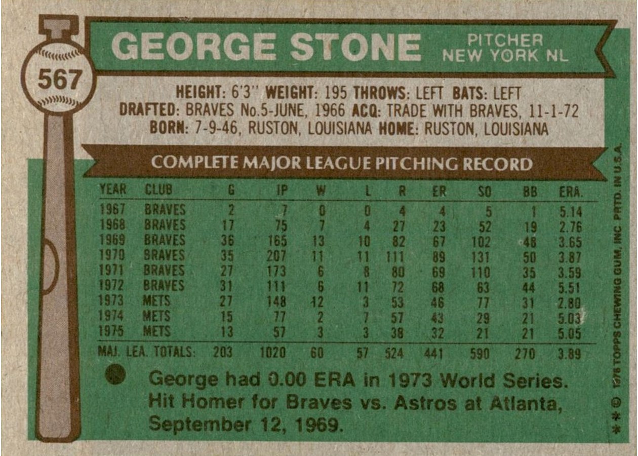 1976 Topps #567 George Stone card back