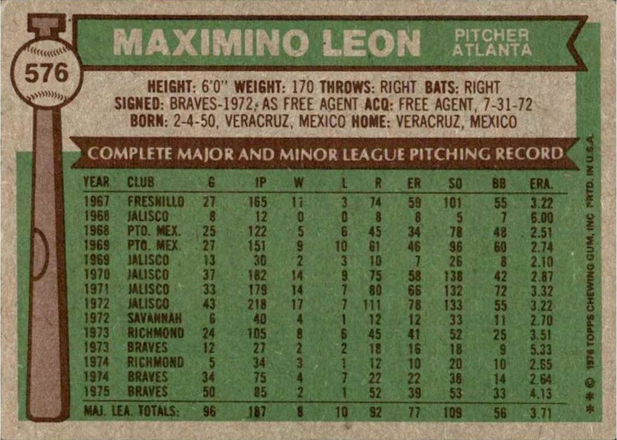 1976 Topps #576 Maximino Leon card back