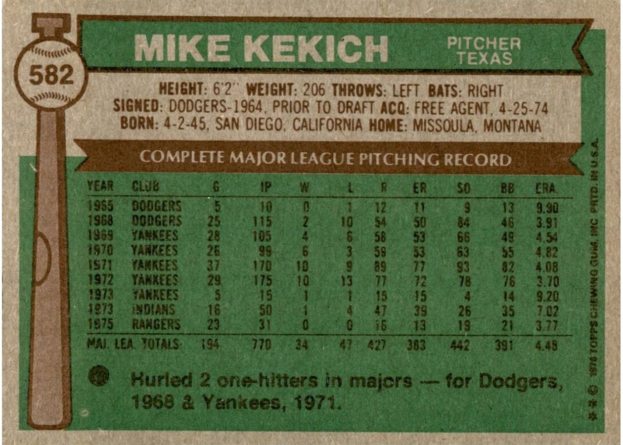 1976 Topps #582 Mike Kekich card back
