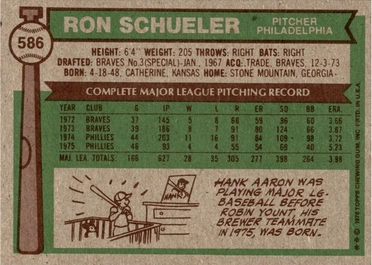 1976 Topps #586 Ron Schueler card back