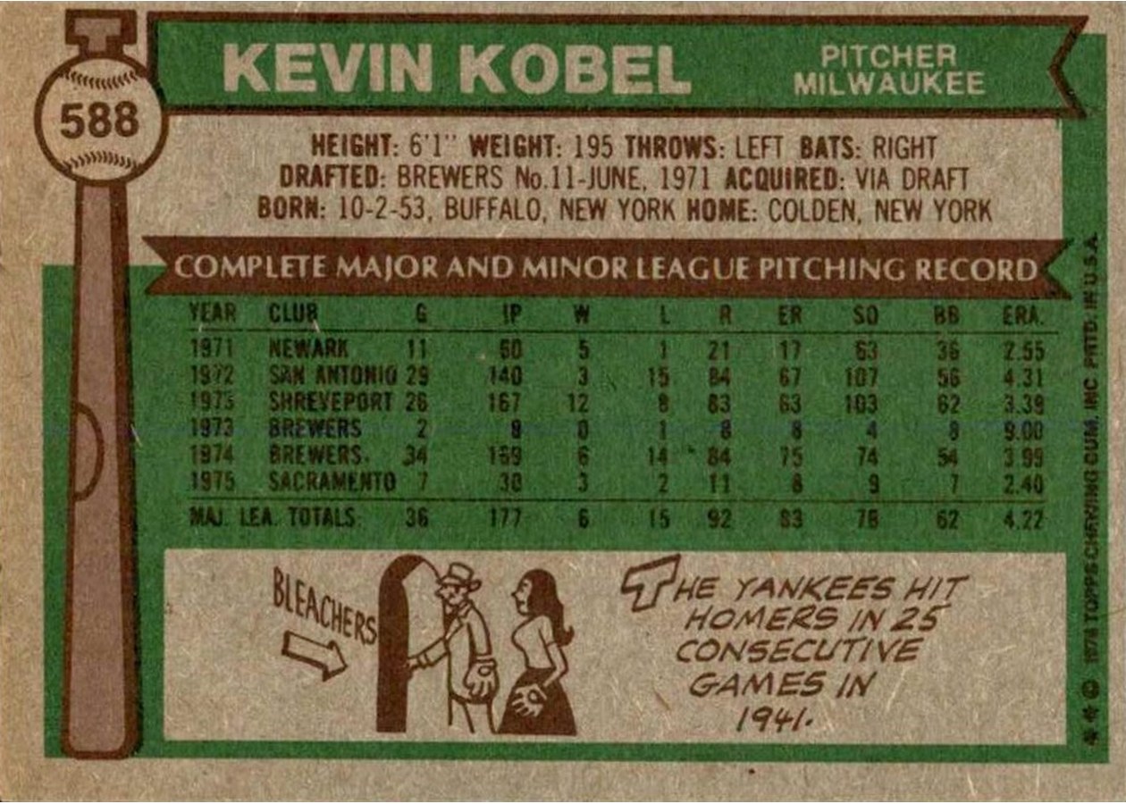1976 Topps #588 Kevin Kobel card back