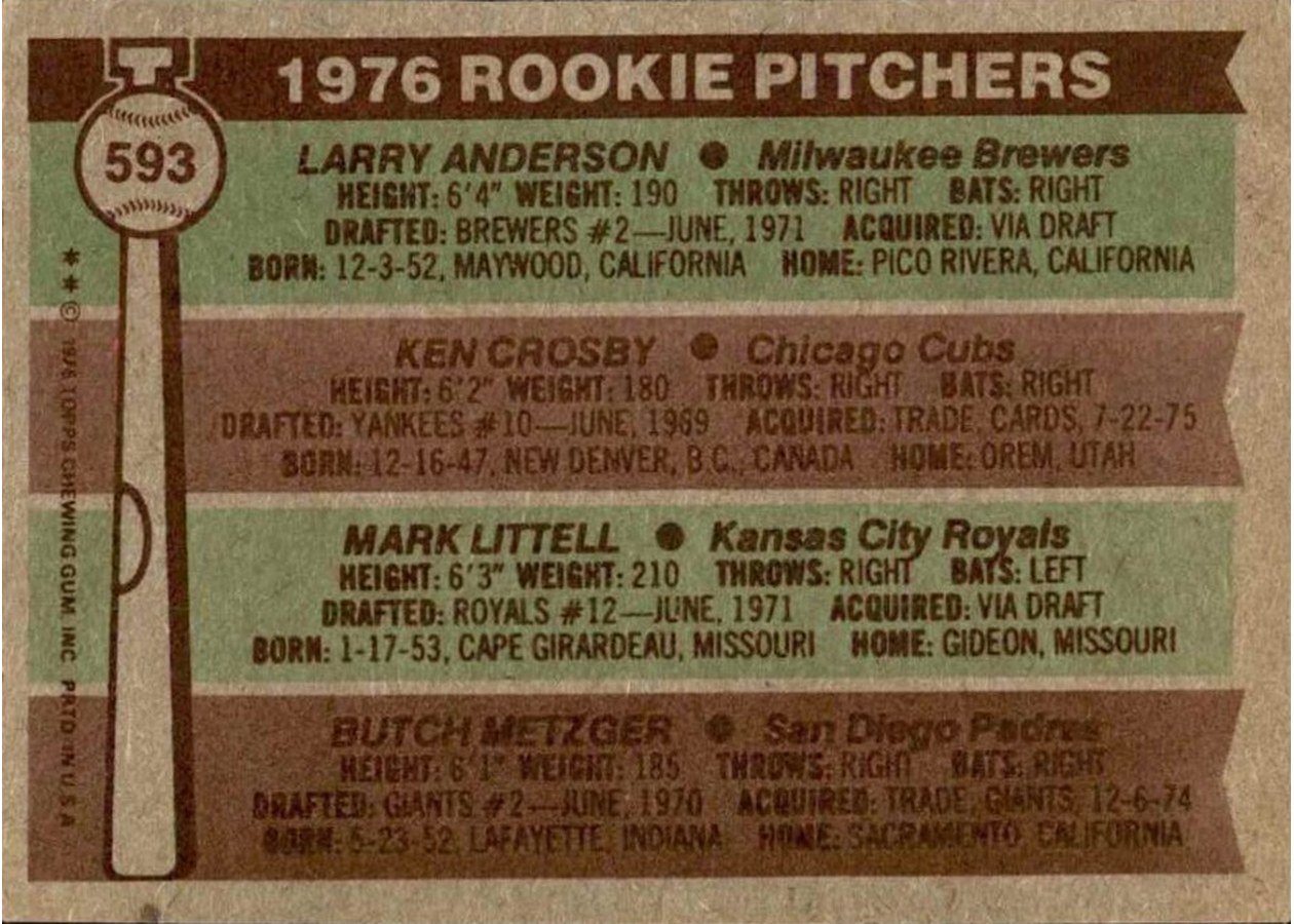 1976 Topps #593 1976 Rookie Pitchers card back