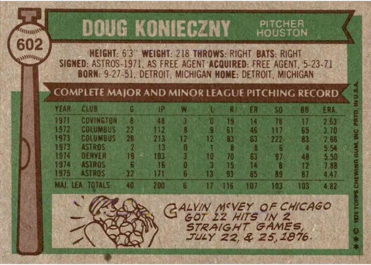 1976 Topps #602 Doug Konieczny card back