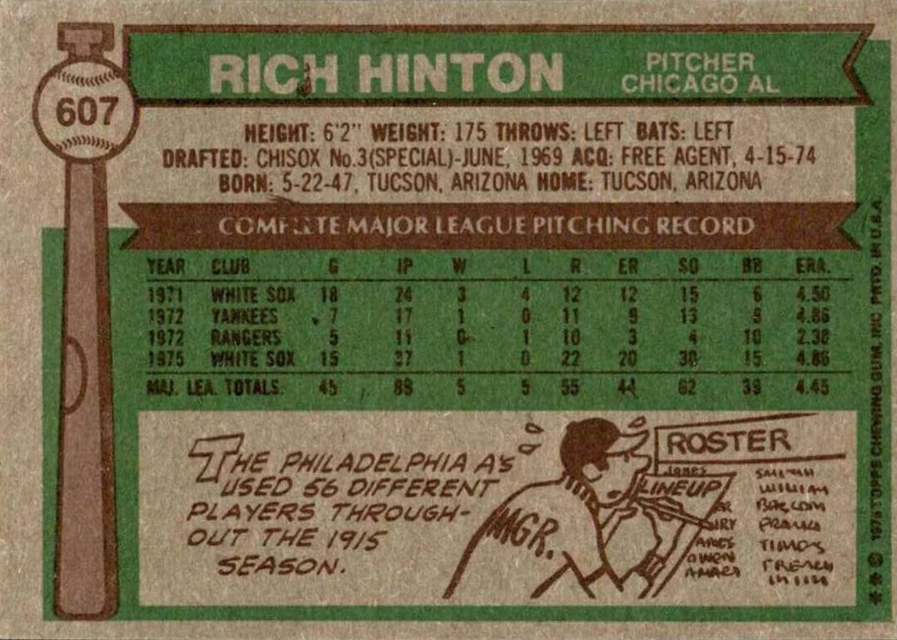 1976 Topps #607 Rich Hinton card back
