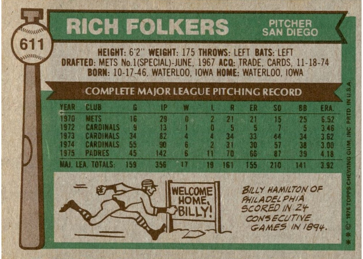 1976 Topps #611 Rich Folkers card back