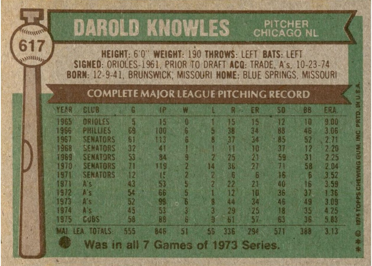 1976 Topps #617 Darold Knowles card back