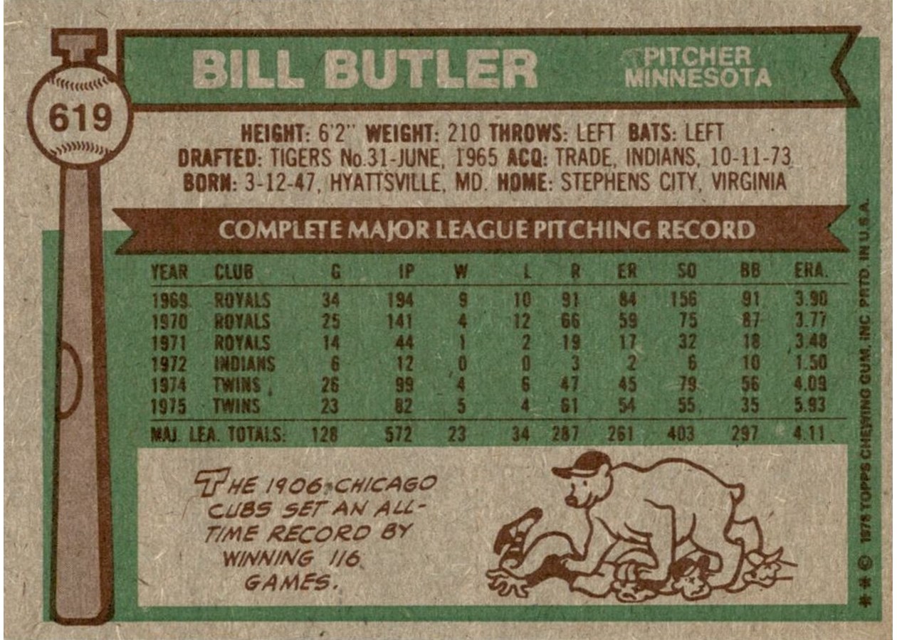 1976 Topps #619 Bill Butler card back