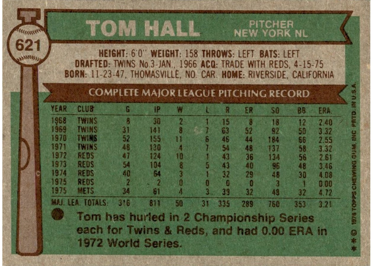 1976 Topps #621 Tom Hall card back