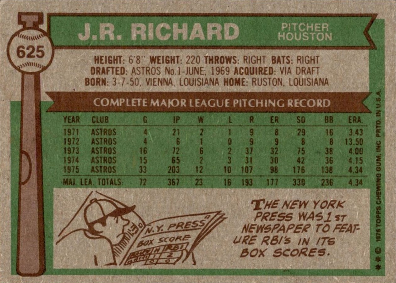 1976 Topps #625 J.R. Richard card back